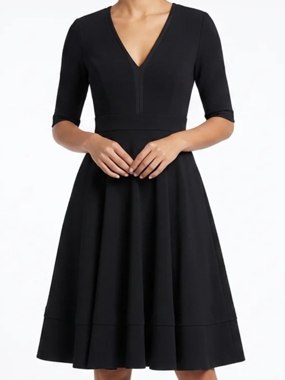Modcloth Fervour Black V-Neck Dress Pleat Swing Skirt Lined 3/4 Sleeve 5% Spandx